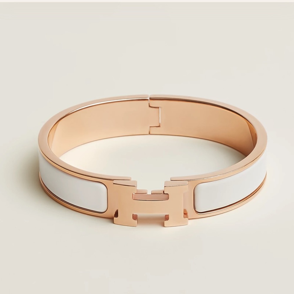 Hermes Clic H Bracelet // White Enamel + Rose Gold